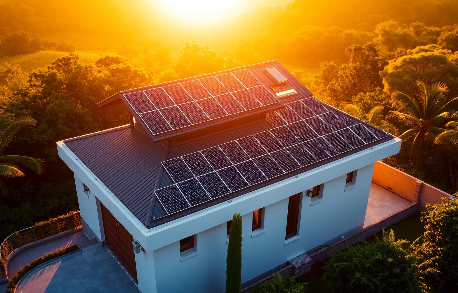 Casa com painéis solares ao pôr do sol